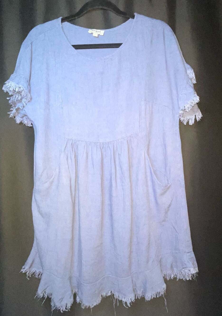 Umgee USA Women's Blue Linen Blend Frayed Hem Babydoll Dress with Pockets